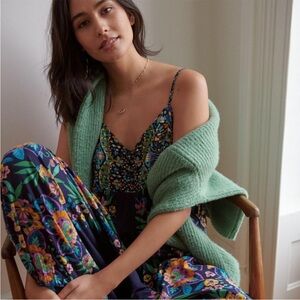 Anthropologie Navy Floral Spaghetti-Strap Jumpsuit with Mint Layered Accent